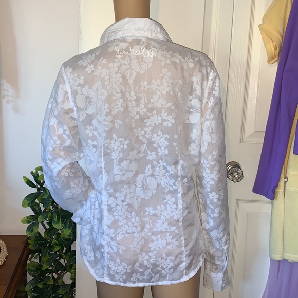 Vintage West Beach sheer white hibiscus flower button down shirt blouse top M - Picture 10 of 15